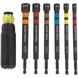 KLEIN, 7-Piece Hollow Magnetic Power Nut Driver Set | Ratcheting Handle | SAE Sizes