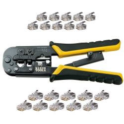 KLEIN, Modular Installation Kit | Ratcheting Crimper | 20 Connectors (RJ11/RJ45)